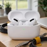 White AirPods Pro with charging case and cables
