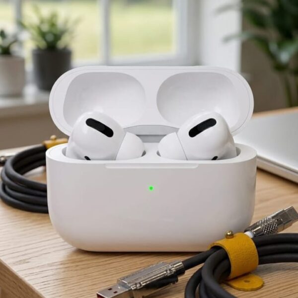 White AirPods Pro with charging case and cables