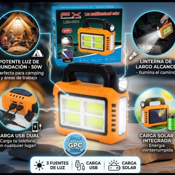 Solar Rechargeable 50W LED Emergency Light with USB Charging and Solar Panel