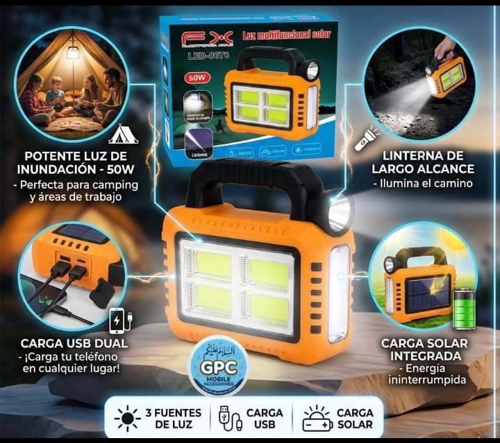 Solar Rechargeable 50W LED Emergency Light with USB Charging and Solar Panel