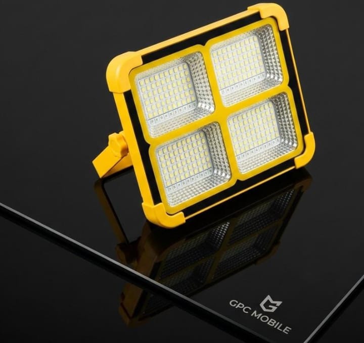 Rechargeable Portable LED Solar Flood Light with Yellow Protective Corners and Stand