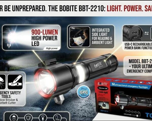 Bobite BBT-2210 Multifunctional Emergency Flashlight with Window Breaker and Seatbelt Cutter
