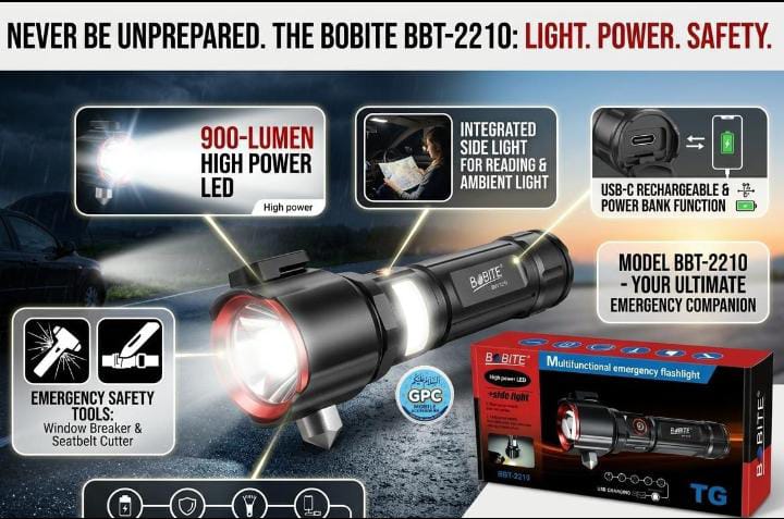 Bobite BBT-2210 Multifunctional Emergency Flashlight with Window Breaker and Seatbelt Cutter