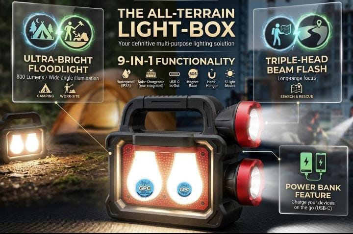 All-Terrain Light-Box 9-in-1 Solar Rechargeable Floodlight and Searchlight