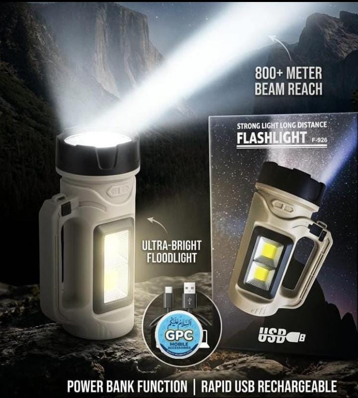 Strong Light Long Distance Flashlight F-926 with 800 Meter Beam Reach and COB Floodlight