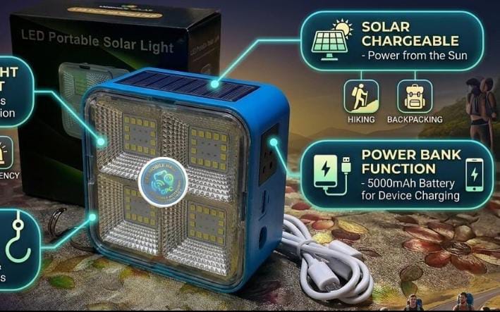 Blue LED Portable Solar Light with 5000mAh Power Bank Function and Hanging Hook