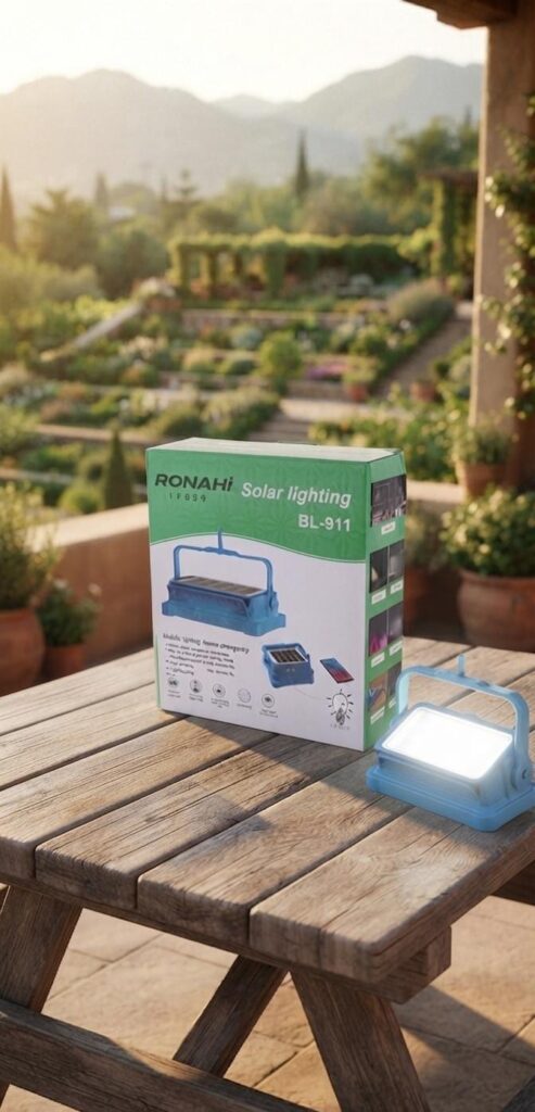 RONAHi Solar Lighting BL-911 Portable Emergency Light with Box on Wooden Table