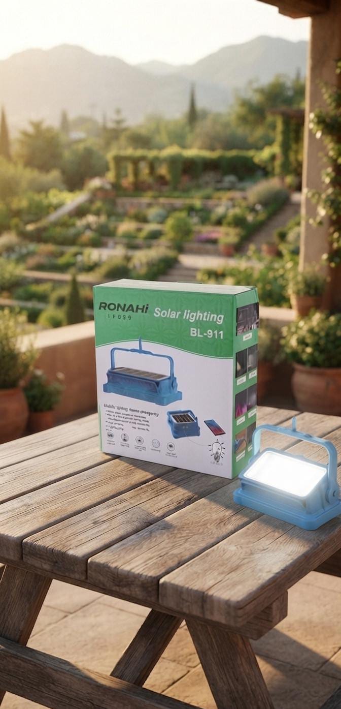 RONAHi Solar Lighting BL-911. RONAHi Solar Lighting BL-911 Portable Emergency Light with Box on Wooden Table