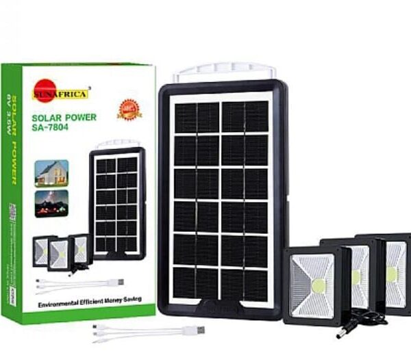 SUNAFRICA SA-7804 Portable Solar Power Panel System with 3 LED Lights and Charging Cable.