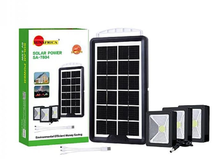SUNAFRICA SA-7804 Portable Solar Power Panel System with 3 LED Lights and Charging Cable.