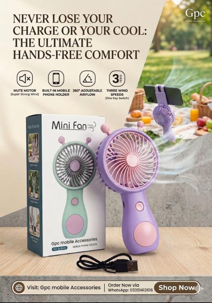 Gpc Portable Mini Fan with Mobile Phone Holder and USB Cable.