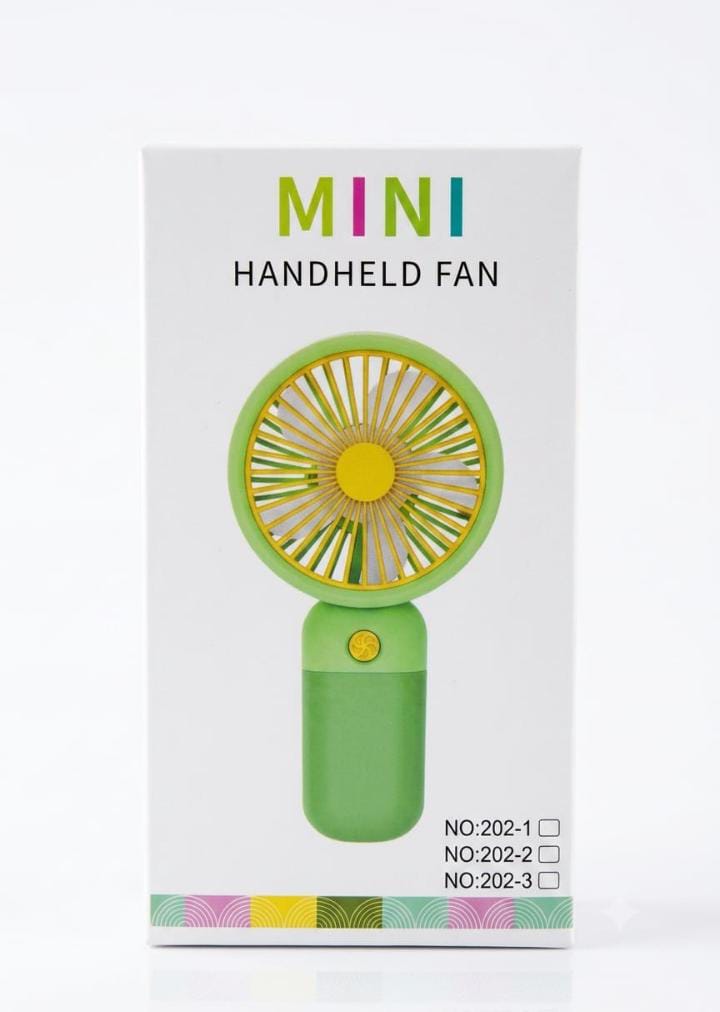 Green Mini Handheld Fan in product packaging box