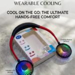 RP Wearable Neck Fan with colorful LED lights resting on its packaging box.