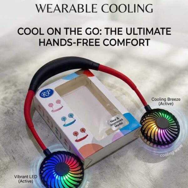 RP Wearable Neck Fan with colorful LED lights resting on its packaging box.
