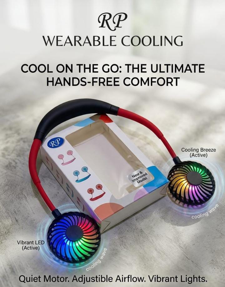 RP Wearable Neck Fan with colorful LED lights resting on its packaging box.