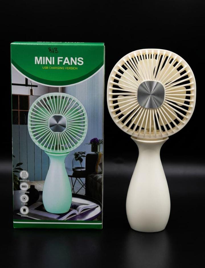 Beige vase-style mini USB rechargeable fan standing next to its green packaging box.